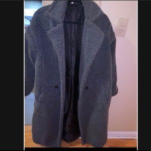 Grey long teddy coat.